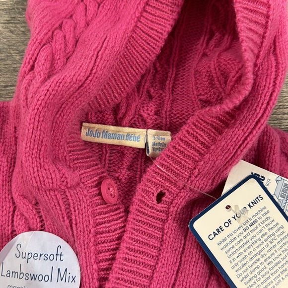 NEW • JoJo Maman Bebe • Girls Cable Hooded Cardigan Pink 3 to 6 Months - Picture 3 of 4